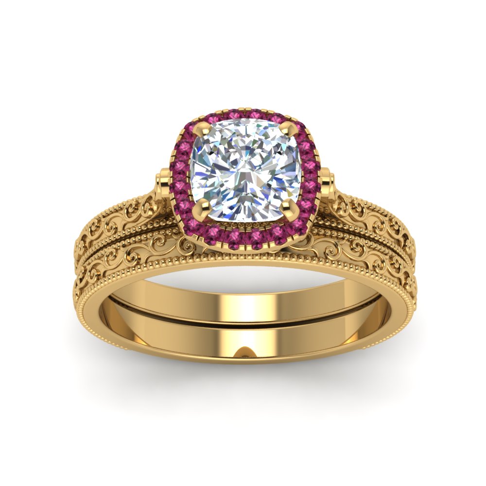 hand-engraved-cushion-cut-halo-diamond-wedding-ring-set-with-pink-sapphire-in-yellow-gold-FD8588CUGSADRPIANGLE5-NL-YG_cfecbbb7-a8af-4c24-a415-55bc7343a571?v=1757665318