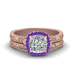 Load image into Gallery viewer, hand-engraved-cushion-cut-halo-diamond-wedding-ring-set-with-purple-topaz-in-rose-gold-FD8588CUGVITO-NL-RG_8914051e-6e41-49c1-9205-e1b550019212?v=1757665318
