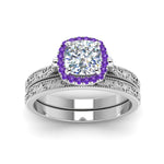 Load image into Gallery viewer, hand-engraved-cushion-cut-halo-diamond-wedding-ring-set-with-purple-topaz-in-white-gold-FD8588CUGVITOANGLE5-NL-WG_f7de5a95-5df4-454e-bf9d-be925f572ec0?v=1757665318
