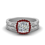 Load image into Gallery viewer, hand-engraved-cushion-cut-halo-diamond-wedding-ring-set-with-ruby-in-white-gold-FD8588CUGRUDR-NL-WG_f080a172-8619-45de-9d15-810e79cec0a7?v=1757665318
