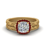 Load image into Gallery viewer, hand-engraved-cushion-cut-halo-diamond-wedding-ring-set-with-ruby-in-yellow-gold-FD8588CUGRUDR-NL-YG_65708402-6d99-4002-a59c-ea0197b650db?v=1757665318
