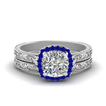 Load image into Gallery viewer, hand-engraved-cushion-cut-halo-diamond-wedding-ring-set-with-sapphire-in-white-gold-FD8588CUGSABL-NL-WG_ae77d7f6-4e12-42cd-a448-b452391d5952?v=1757665317
