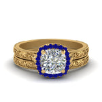 Load image into Gallery viewer, hand-engraved-cushion-cut-halo-diamond-wedding-ring-set-with-sapphire-in-yellow-gold-FD8588CUGSABL-NL-YG_f63a5988-5a95-4a2b-a441-6b4fca81b251?v=1757665318
