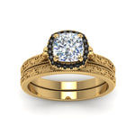 Load image into Gallery viewer, hand-engraved-cushion-cut-halo-wedding-ring-set-with-black-diamond-in-yellow-gold-FD8588CUGBLACKANGLE5-NL-YG_d08dded6-babf-44b4-b9a8-4c655d55c9b6?v=1757665318
