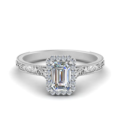 Emerald Cut Milgrain Vintage Diamond Ring With Halo