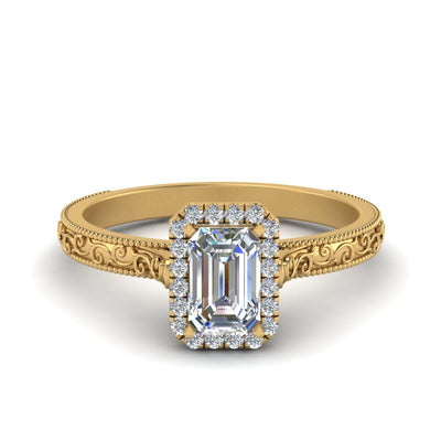 Emerald Cut Milgrain Vintage Diamond Ring With Halo