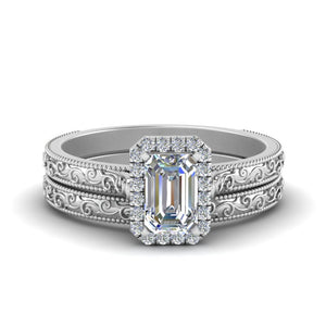 Hand Engraved Halo Emerald Cut Wedding Ring Set