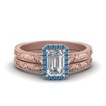 Load image into Gallery viewer, hand-engraved-emerald-cut-halo-diamond-wedding-ring-set-with-blue-topaz-in-rose-gold-FD8588EMGICBLTO-NL-RG?v=1757665169