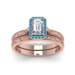 Load image into Gallery viewer, hand-engraved-emerald-cut-halo-diamond-wedding-ring-set-with-blue-topaz-in-rose-gold-FD8588EMGICBLTOANGLE5-NL-RG?v=1757665169