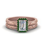 Load image into Gallery viewer, hand-engraved-emerald-cut-halo-diamond-wedding-ring-set-with-emerald-in-rose-gold-FD8588EMGEMGR-NL-RG?v=1757665169