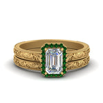 Load image into Gallery viewer, hand-engraved-emerald-cut-halo-diamond-wedding-ring-set-with-emerald-in-yellow-gold-FD8588EMGEMGR-NL-YG_d863e17e-1068-4b19-aa4f-7d7274b4135e?v=1757665328
