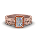 Load image into Gallery viewer, hand-engraved-emerald-cut-halo-diamond-wedding-ring-set-with-orange-sapphire-in-rose-gold-FD8588EMGSAOR-NL-RG?v=1757665169