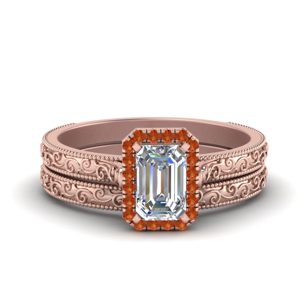 hand-engraved-emerald-cut-halo-diamond-wedding-ring-set-with-orange-sapphire-in-rose-gold-FD8588EMGSAOR-NL-RG?v=1757665169