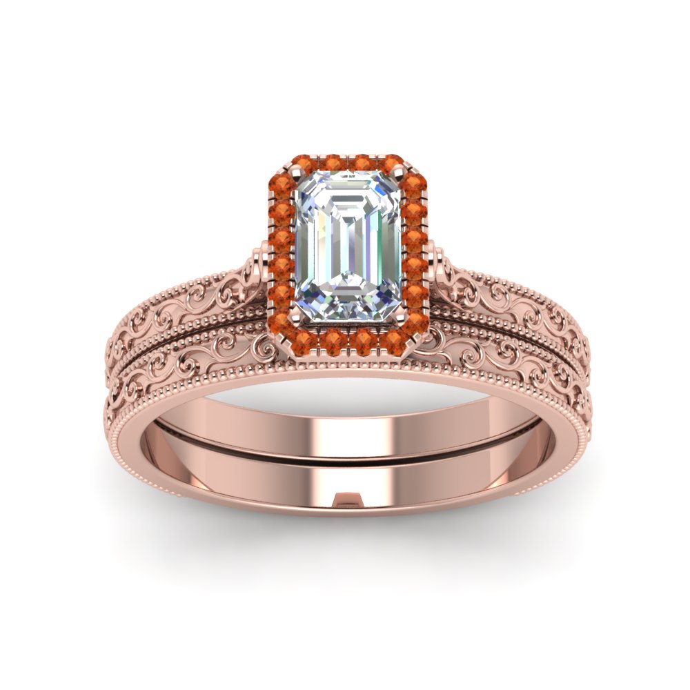 hand-engraved-emerald-cut-halo-diamond-wedding-ring-set-with-orange-sapphire-in-rose-gold-FD8588EMGSAORANGLE5-NL-RG?v=1757665169