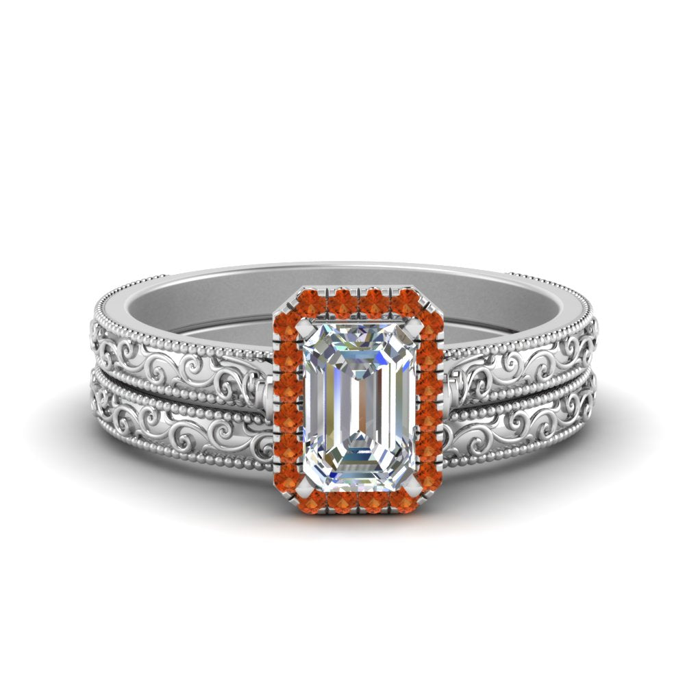 hand-engraved-emerald-cut-halo-diamond-wedding-ring-set-with-orange-sapphire-in-white-gold-FD8588EMGSAOR-NL-WG?v=1757665169