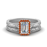 Load image into Gallery viewer, hand-engraved-emerald-cut-halo-diamond-wedding-ring-set-with-orange-sapphire-in-white-gold-FD8588EMGSAOR-NL-WG_282334c8-4a7c-4358-8bba-2e4b25cc7de7?v=1757665328
