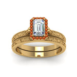 Load image into Gallery viewer, hand-engraved-emerald-cut-halo-diamond-wedding-ring-set-with-orange-sapphire-in-yellow-gold-FD8588EMGSAORANGLE5-NL-YG?v=1757665169