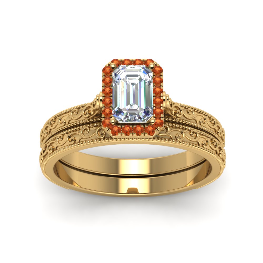 hand-engraved-emerald-cut-halo-diamond-wedding-ring-set-with-orange-sapphire-in-yellow-gold-FD8588EMGSAORANGLE5-NL-YG?v=1757665169