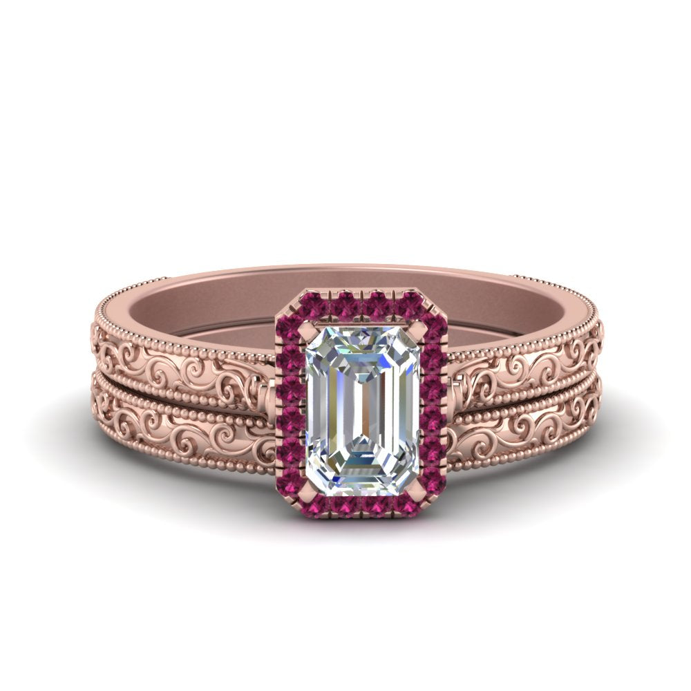hand-engraved-emerald-cut-halo-diamond-wedding-ring-set-with-pink-sapphire-in-rose-gold-FD8588EMGSADRPI-NL-RG?v=1757665169