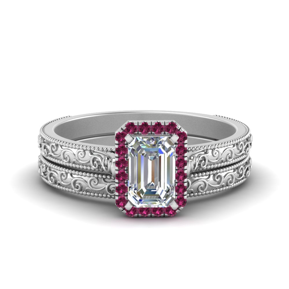 hand-engraved-emerald-cut-halo-diamond-wedding-ring-set-with-pink-sapphire-in-white-gold-FD8588EMGSADRPI-NL-WG?v=1757665169