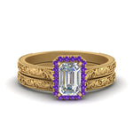 Load image into Gallery viewer, hand-engraved-emerald-cut-halo-diamond-wedding-ring-set-with-purple-topaz-in-yellow-gold-FD8588EMGVITO-NL-YG?v=1757665170