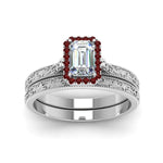 Load image into Gallery viewer, hand-engraved-emerald-cut-halo-diamond-wedding-ring-set-with-ruby-in-white-gold-FD8588EMGRUDRANGLE5-NL-WG?v=1757665169