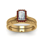 Load image into Gallery viewer, hand-engraved-emerald-cut-halo-diamond-wedding-ring-set-with-ruby-in-yellow-gold-FD8588EMGRUDRANGLE5-NL-YG?v=1757665169