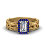 Load image into Gallery viewer, hand-engraved-emerald-cut-halo-diamond-wedding-ring-set-with-sapphire-in-yellow-gold-FD8588EMGSABL-NL-YG?v=1757665169