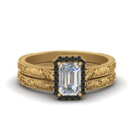 Load image into Gallery viewer, hand-engraved-emerald-cut-halo-wedding-ring-set-with-black-diamond-in-yellow-gold-FD8588EMGBLACK-NL-YG?v=1757665169