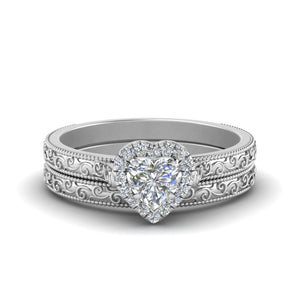 Hand Engraved Halo Heart Shaped Wedding Ring Set