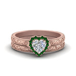 Load image into Gallery viewer, hand-engraved-heart-shaped-halo-diamond-wedding-ring-set-with-emerald-in-rose-gold-FD8588HTGEMGR-NL-RG?v=1757665186
