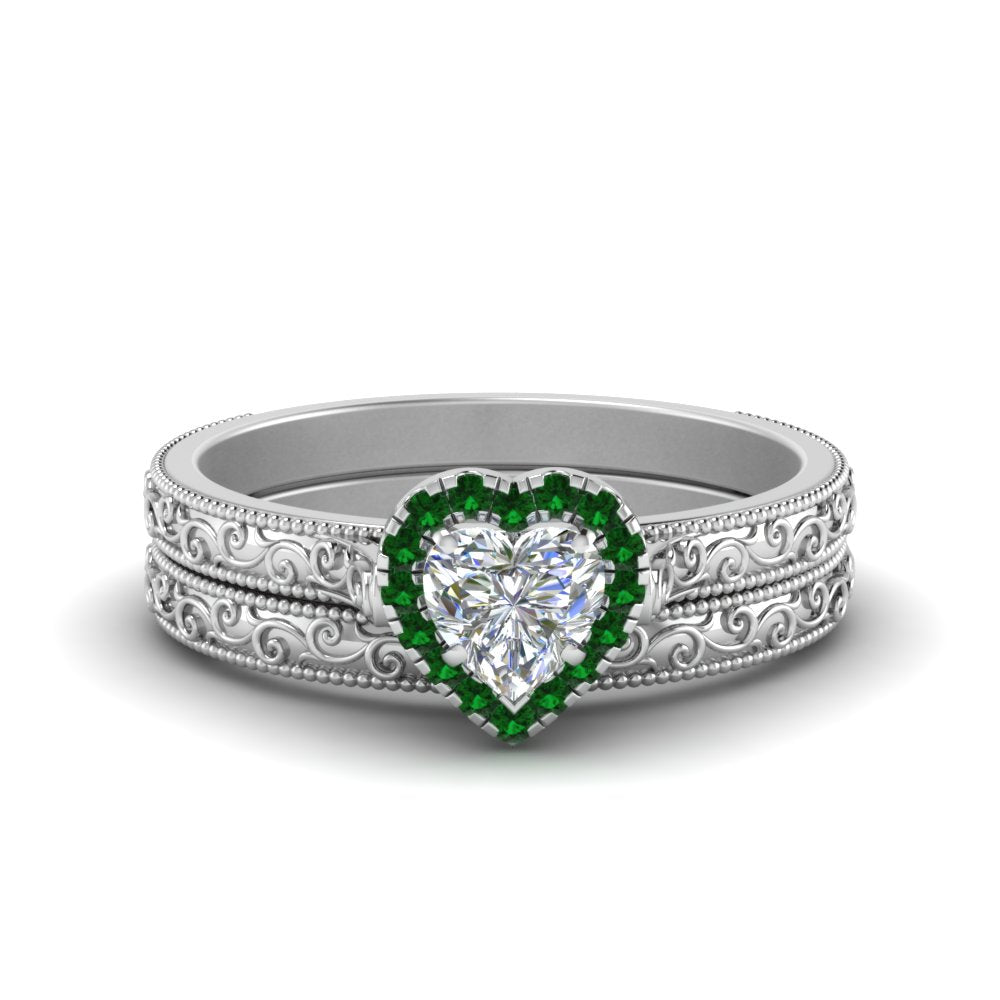 hand-engraved-heart-shaped-halo-diamond-wedding-ring-set-with-emerald-in-white-gold-FD8588HTGEMGR-NL-WG?v=1757665187