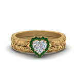 Load image into Gallery viewer, hand-engraved-heart-shaped-halo-diamond-wedding-ring-set-with-emerald-in-yellow-gold-FD8588HTGEMGR-NL-YG?v=1757665186
