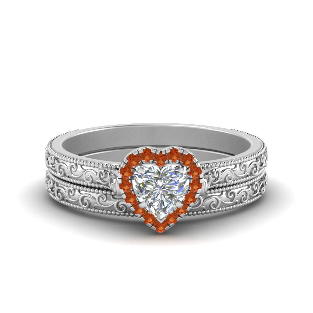 hand-engraved-heart-shaped-halo-diamond-wedding-ring-set-with-orange-sapphire-in-white-gold-FD8588HTGSAOR-NL-WG?v=1757665186