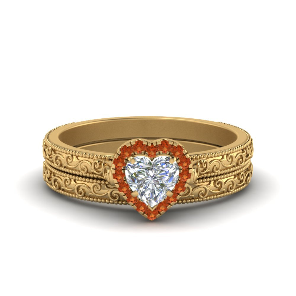 hand-engraved-heart-shaped-halo-diamond-wedding-ring-set-with-orange-sapphire-in-yellow-gold-FD8588HTGSAOR-NL-YG?v=1757665187