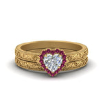Load image into Gallery viewer, hand-engraved-heart-shaped-halo-diamond-wedding-ring-set-with-pink-sapphire-in-yellow-gold-FD8588HTGSADRPI-NL-YG?v=1757665187
