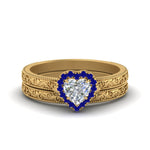 Load image into Gallery viewer, hand-engraved-heart-shaped-halo-diamond-wedding-ring-set-with-sapphire-in-yellow-gold-FD8588HTGSABL-NL-YG?v=1757665186
