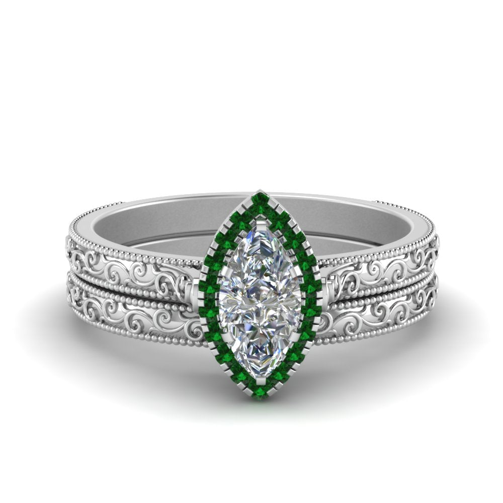 hand-engraved-marquise-cut-halo-diamond-wedding-ring-set-with-emerald-in-white-gold-FD8588MQGEMGR-NL-WG?v=1757665204