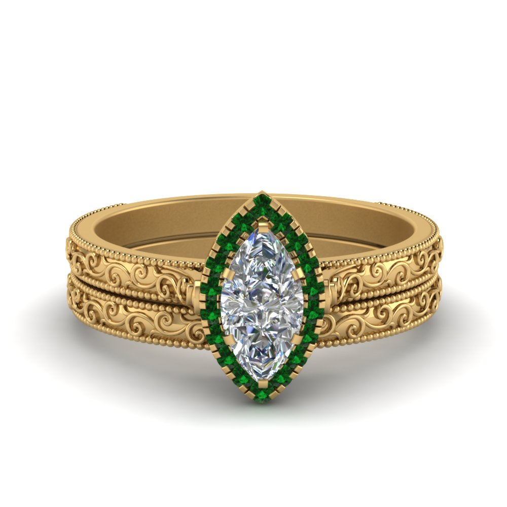 hand-engraved-marquise-cut-halo-diamond-wedding-ring-set-with-emerald-in-yellow-gold-FD8588MQGEMGR-NL-YG?v=1757665204