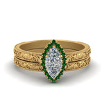 Load image into Gallery viewer, hand-engraved-marquise-cut-halo-diamond-wedding-ring-set-with-emerald-in-yellow-gold-FD8588MQGEMGR-NL-YG_41858c9d-6e11-43f2-858c-52999ab67933?v=1757665350
