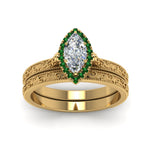 Load image into Gallery viewer, hand-engraved-marquise-cut-halo-diamond-wedding-ring-set-with-emerald-in-yellow-gold-FD8588MQGEMGRANGLE5-NL-YG?v=1757665205