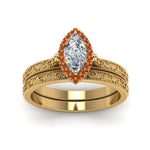 Load image into Gallery viewer, hand-engraved-marquise-cut-halo-diamond-wedding-ring-set-with-orange-sapphire-in-yellow-gold-FD8588MQGSAORANGLE5-NL-YG?v=1757665204