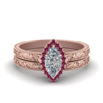 Load image into Gallery viewer, hand-engraved-marquise-cut-halo-diamond-wedding-ring-set-with-pink-sapphire-in-rose-gold-FD8588MQGSADRPI-NL-RG?v=1757665205