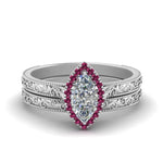 Load image into Gallery viewer, hand-engraved-marquise-cut-halo-diamond-wedding-ring-set-with-pink-sapphire-in-white-gold-FD8588MQGSADRPI-NL-WG?v=1757665204
