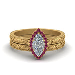 Load image into Gallery viewer, hand-engraved-marquise-cut-halo-diamond-wedding-ring-set-with-pink-sapphire-in-yellow-gold-FD8588MQGSADRPI-NL-YG?v=1757665203