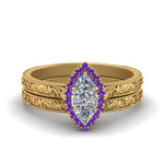 Load image into Gallery viewer, hand-engraved-marquise-cut-halo-diamond-wedding-ring-set-with-purple-topaz-in-yellow-gold-FD8588MQGVITO-NL-YG?v=1757665205