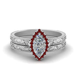 Load image into Gallery viewer, hand-engraved-marquise-cut-halo-diamond-wedding-ring-set-with-ruby-in-white-gold-FD8588MQGRUDR-NL-WG_a1a93d3f-50d7-420d-a469-c11cc87e428f?v=1757665350
