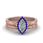 Load image into Gallery viewer, hand-engraved-marquise-cut-halo-diamond-wedding-ring-set-with-sapphire-in-rose-gold-FD8588MQGSABL-NL-RG?v=1757665203