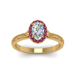 Load image into Gallery viewer, hand-engraved-oval-shaped-halo-diamond-engagement-ring-with-pink-sapphire-in-yellow-gold-FD8588OVRGSADRPIANGLE5-NL-YG?v=1757588384