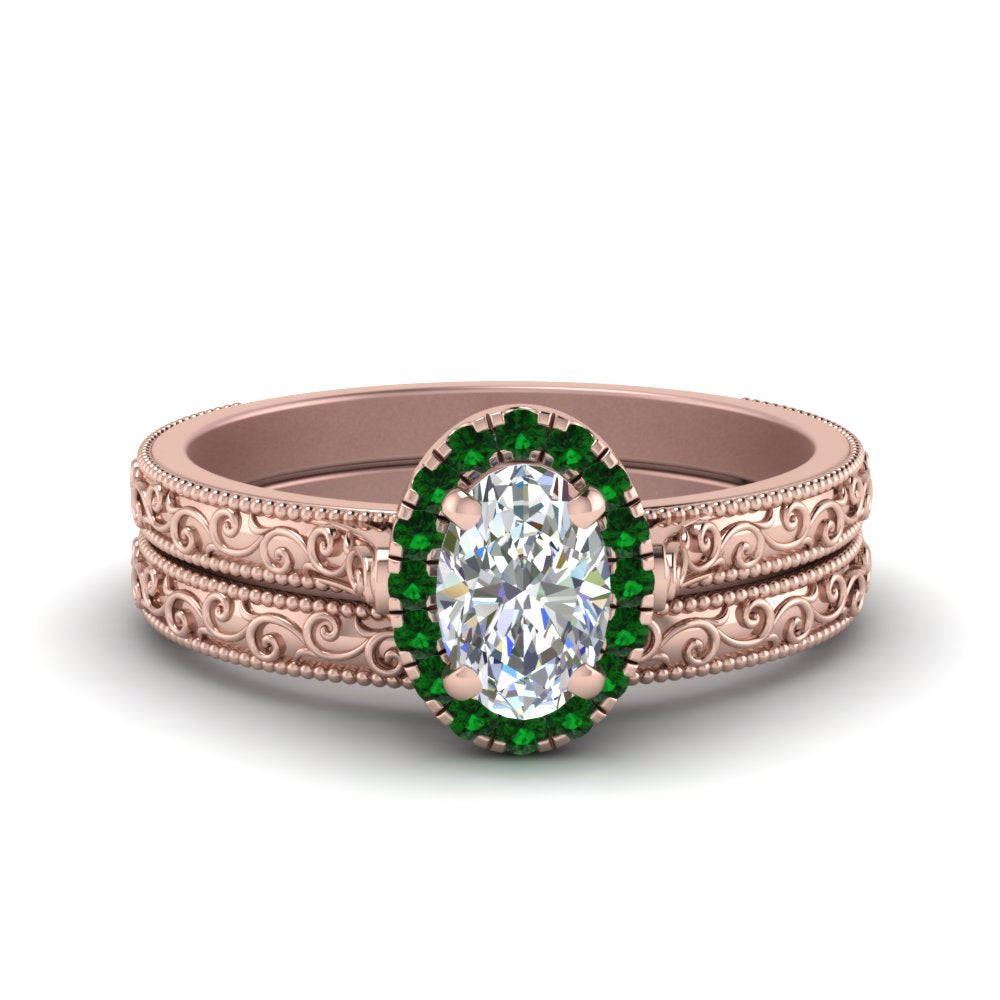 hand-engraved-oval-shaped-halo-diamond-wedding-ring-set-with-emerald-in-rose-gold-FD8588OVGEMGR-NL-RG_078cbd88-5018-4a7b-8b06-3129cac5a0ac?v=1757665361